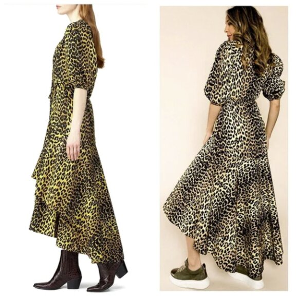 GANNI Bijou Minion Yellow Leopard Animal Print Cotton V-Neck Maxi Wrap Dress - Picture 4 of 16